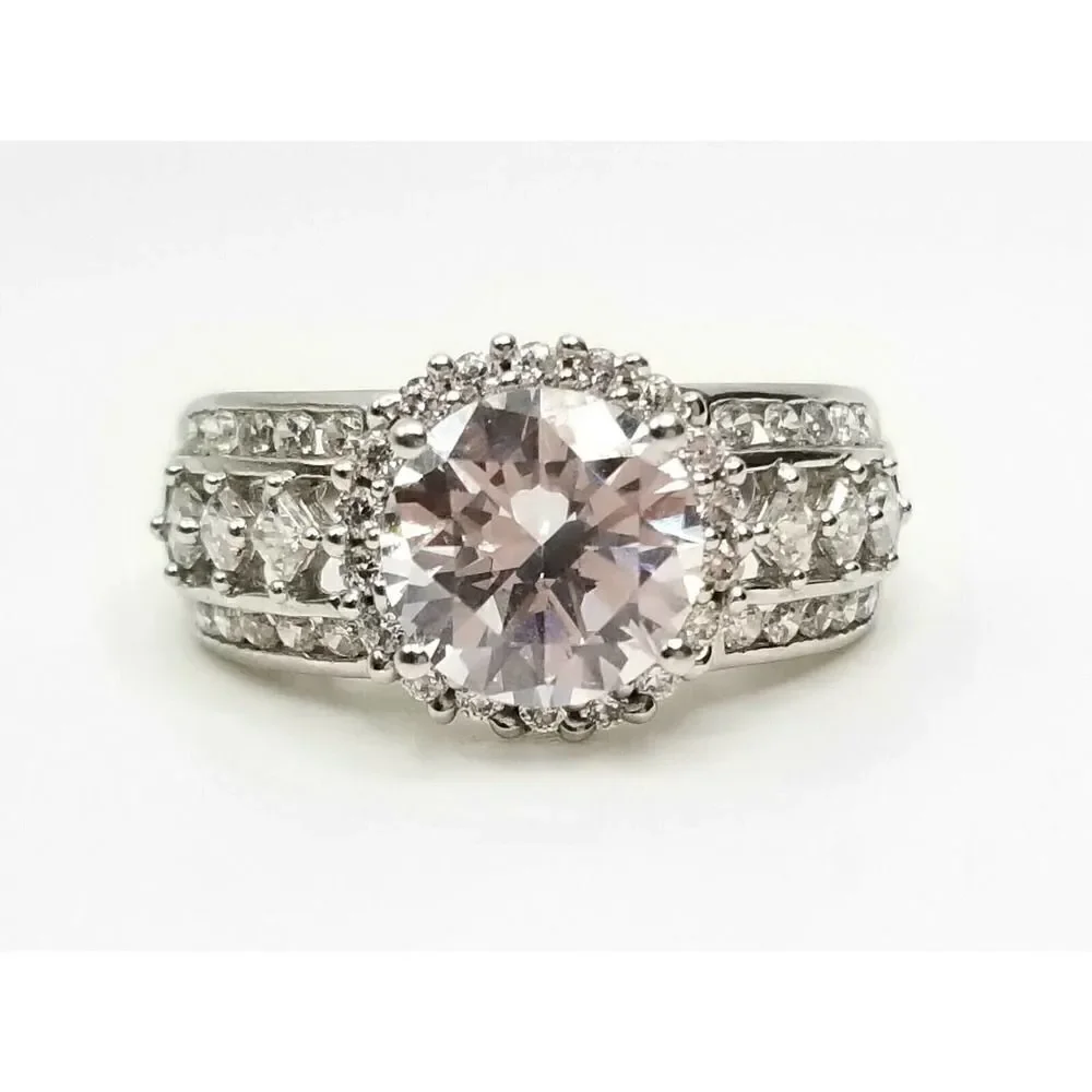 Round Cubic Zirconia Ring 925 Sterling Silver Size 8.5 Clear Sparkle Signed Med